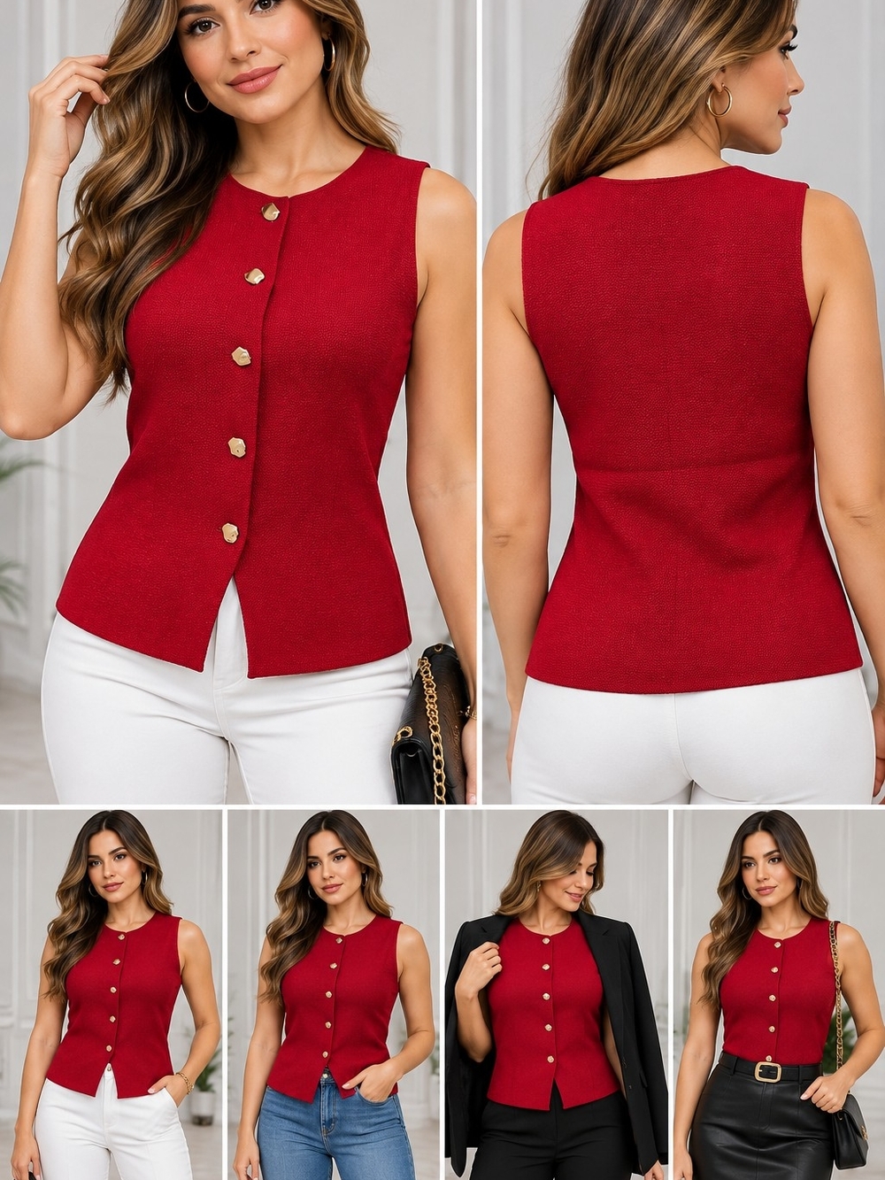 iris Red Sleeveless Button-Front Knit Tank